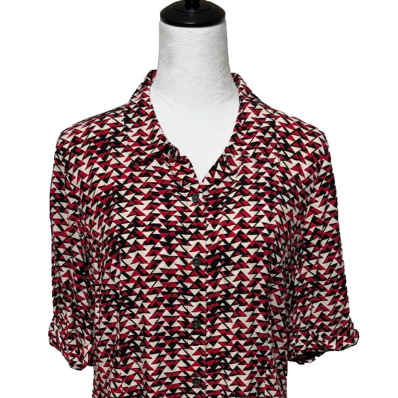 J Jill Shirt Dress 12 Knee Length Red Black White Button Up Roll Tab‎ Career - Picture 4 of 9